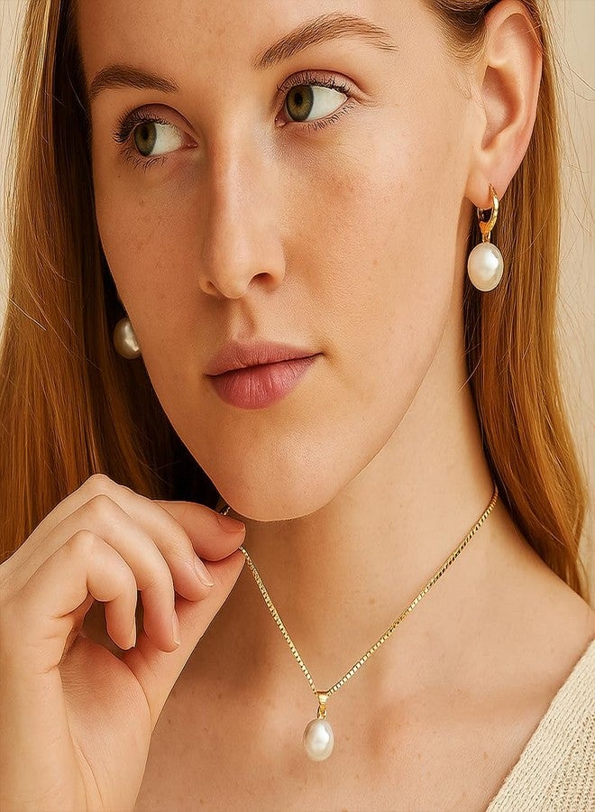FUTIMELY Gold Pearl Pendant Necklace Earrings for Women,Trendy Dainty Pearl Choker Hoop Jewelry Set Lightweight Aesthetics Accessories Wedding Party Gifts (Gold（earrings+necklace）) - Image 3