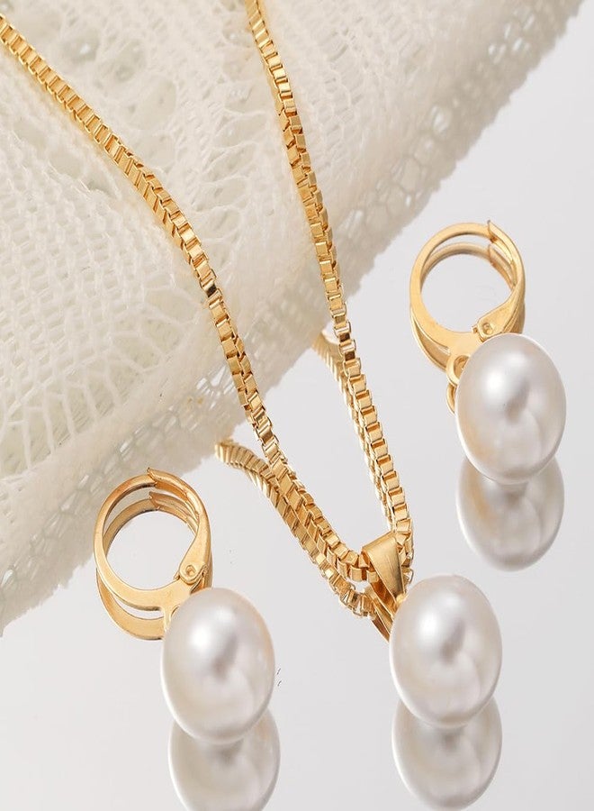 FUTIMELY Gold Pearl Pendant Necklace Earrings for Women,Trendy Dainty Pearl Choker Hoop Jewelry Set Lightweight Aesthetics Accessories Wedding Party Gifts (Gold（earrings+necklace）) - Image 4