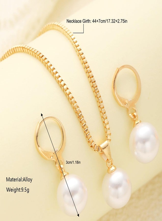 FUTIMELY Gold Pearl Pendant Necklace Earrings for Women,Trendy Dainty Pearl Choker Hoop Jewelry Set Lightweight Aesthetics Accessories Wedding Party Gifts (Gold（earrings+necklace）) - Image 2