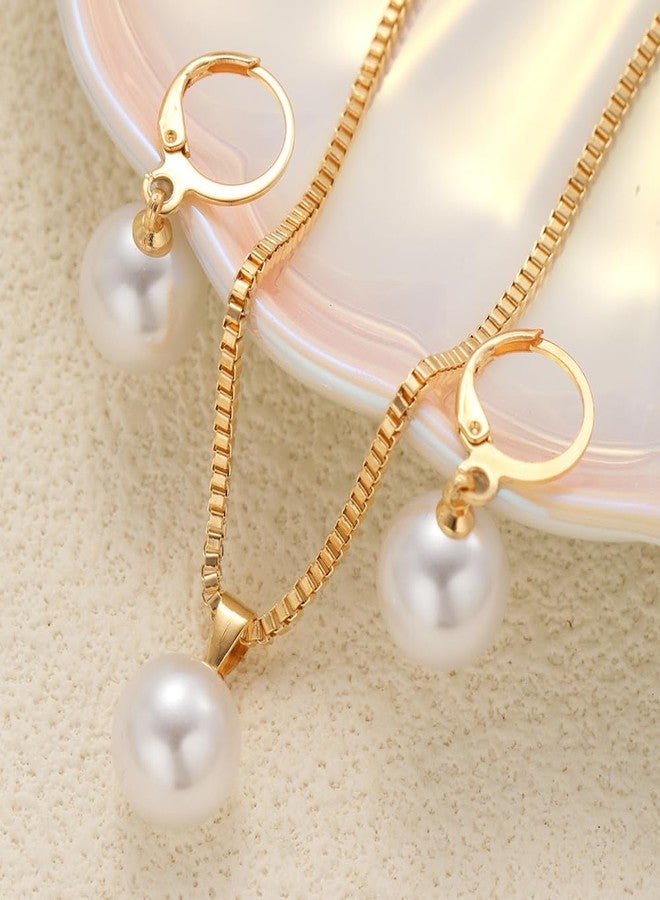 FUTIMELY Gold Pearl Pendant Necklace Earrings for Women,Trendy Dainty Pearl Choker Hoop Jewelry Set Lightweight Aesthetics Accessories Wedding Party Gifts (Gold（earrings+necklace）) - Image 5