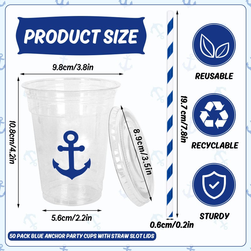 Whaline 50Pcs Nautical Disposable Plastic Cups with Lids and Straws 12Oz Blue Anchor Theme Party Cups Cold Beverage Drinking Cups for Ocean Theme Birthday Party Supplies - Image 2