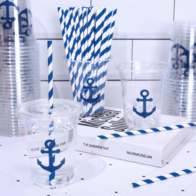 Whaline 50Pcs Nautical Disposable Plastic Cups with Lids and Straws 12Oz Blue Anchor Theme Party Cups Cold Beverage Drinking Cups for Ocean Theme Birthday Party Supplies - Image 4