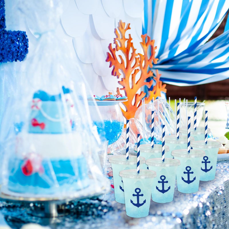 Whaline 50Pcs Nautical Disposable Plastic Cups with Lids and Straws 12Oz Blue Anchor Theme Party Cups Cold Beverage Drinking Cups for Ocean Theme Birthday Party Supplies - Image 5