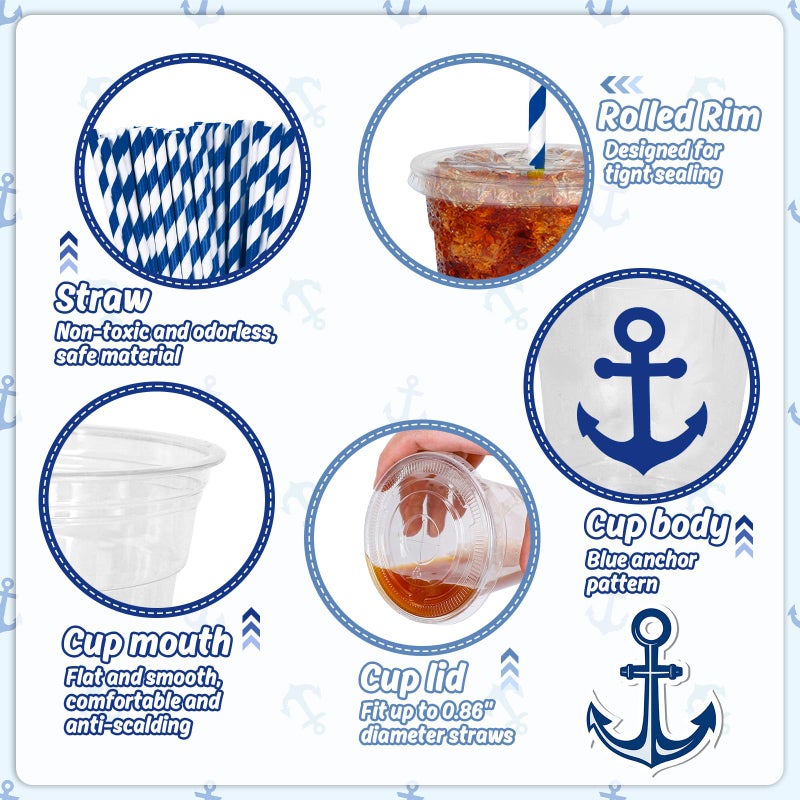 Whaline 50Pcs Nautical Disposable Plastic Cups with Lids and Straws 12Oz Blue Anchor Theme Party Cups Cold Beverage Drinking Cups for Ocean Theme Birthday Party Supplies - Image 3