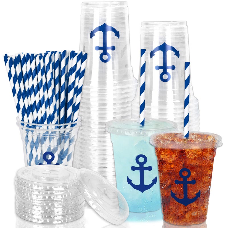 Whaline 50Pcs Nautical Disposable Plastic Cups with Lids and Straws 12Oz Blue Anchor Theme Party Cups Cold Beverage Drinking Cups for Ocean Theme Birthday Party Supplies - Image 1