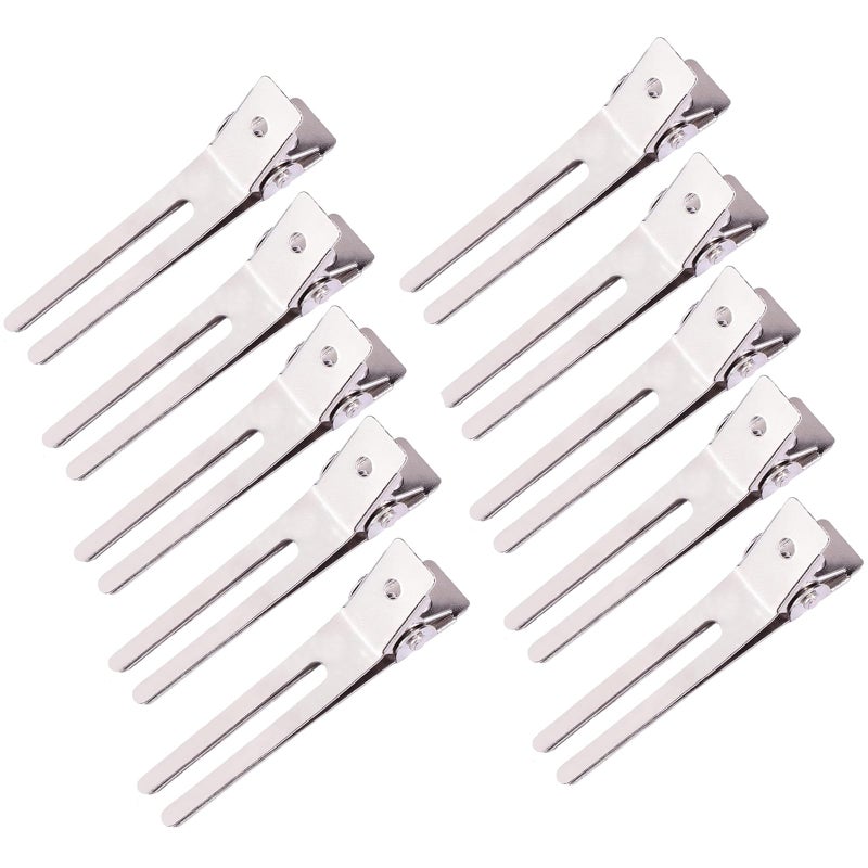 JFFX 10 Pack Double Prong Pin Curl Clips, Duck Billed Hair Clips for Hairdressing Setting Section Clips, 1.8" Silver Rustproof Metal Curl Hair Clips for Hair Styling, Hair Coloring, Hair Sectioning - Image 1