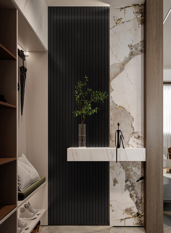 YLL YLL PVC Slat Wall Panel Peel and Stick 118"x 15.7" Faux Black Wood Grain Slat Panel Self-Adhesive Wallpaper Soundproof 3D Wall Panels - Image 2