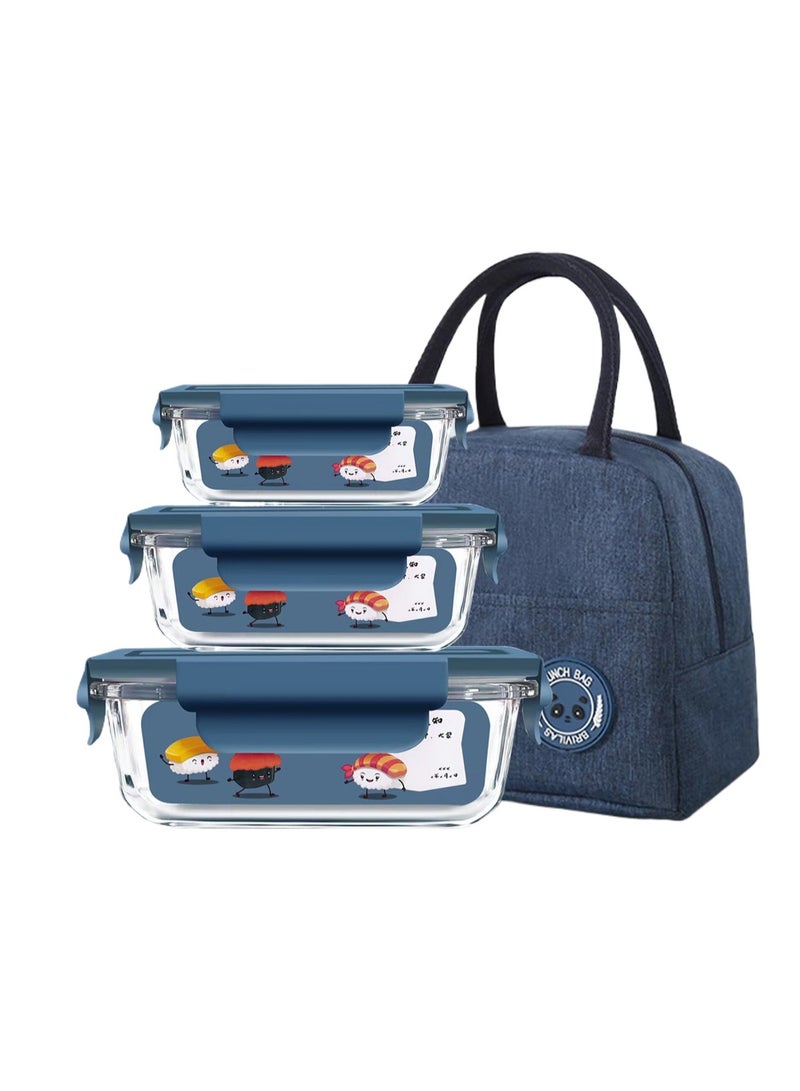 3-pack lunch box microwaveable borosilicate glass lunch box glass food storage container with insulation bag - Image 1