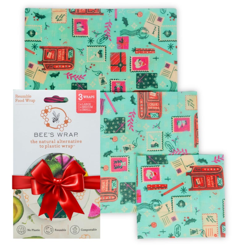 Bee's Wrap Beeswax Wraps for Food - 3 Pack of Assorted Beeswax Wraps - Small, Medium & Large Wrap - Made in USA Reusable Natural Food Wrap - Season's Greetings Print - Image 1