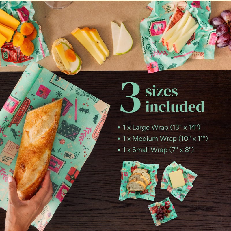 Bee's Wrap Beeswax Wraps for Food - 3 Pack of Assorted Beeswax Wraps - Small, Medium & Large Wrap - Made in USA Reusable Natural Food Wrap - Season's Greetings Print - Image 2