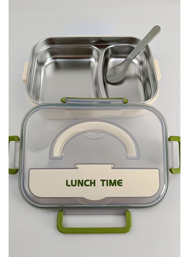 توشيونيكس صندوق غداء من الفولاذ المقاوم للصدأ مكون من حجرتين مع ملعقة، وصينية قابلة للإزالة، وتخزين مخفي لأدوات المائدة، وغطاء مانع للتسرب وخالي من مادة BPA - سعة 1.6 لتر، للمدرسة والمكتب والسفر وصالة الألعاب الرياضية - Image 2