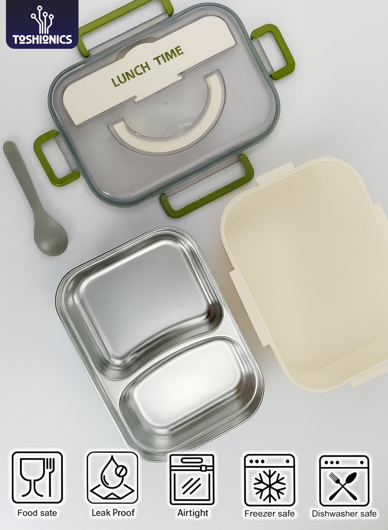 توشيونيكس صندوق غداء من الفولاذ المقاوم للصدأ مكون من حجرتين مع ملعقة، وصينية قابلة للإزالة، وتخزين مخفي لأدوات المائدة، وغطاء مانع للتسرب وخالي من مادة BPA - سعة 1.6 لتر، للمدرسة والمكتب والسفر وصالة الألعاب الرياضية - Image 1