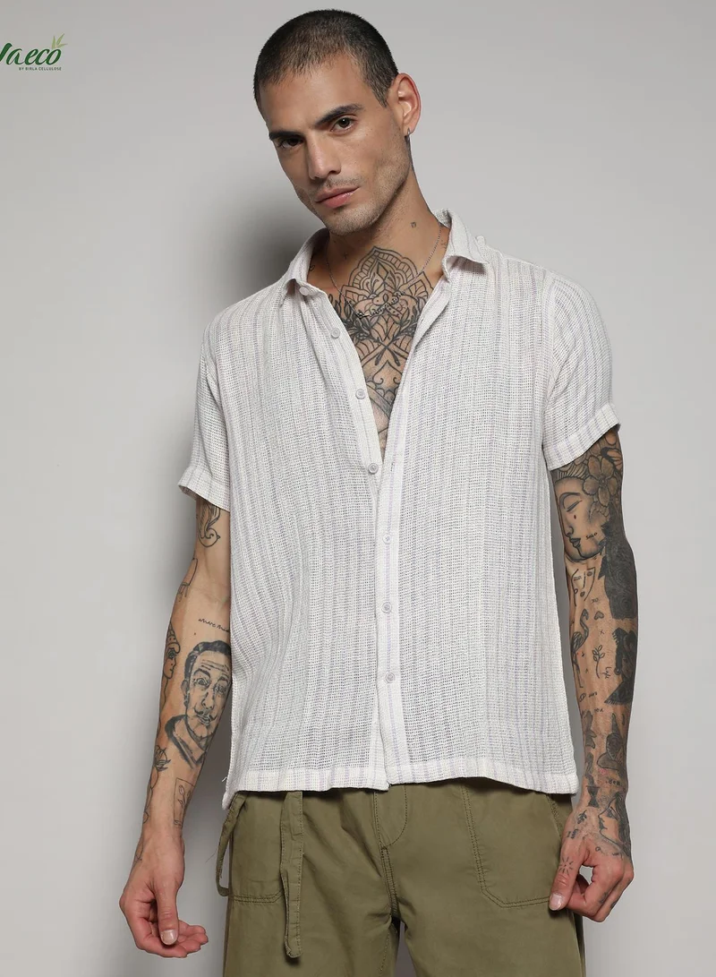 كامبوس سوترا قميص منسوج مخطط غير متوازن باللونين الأبيض والخزامي للرجال