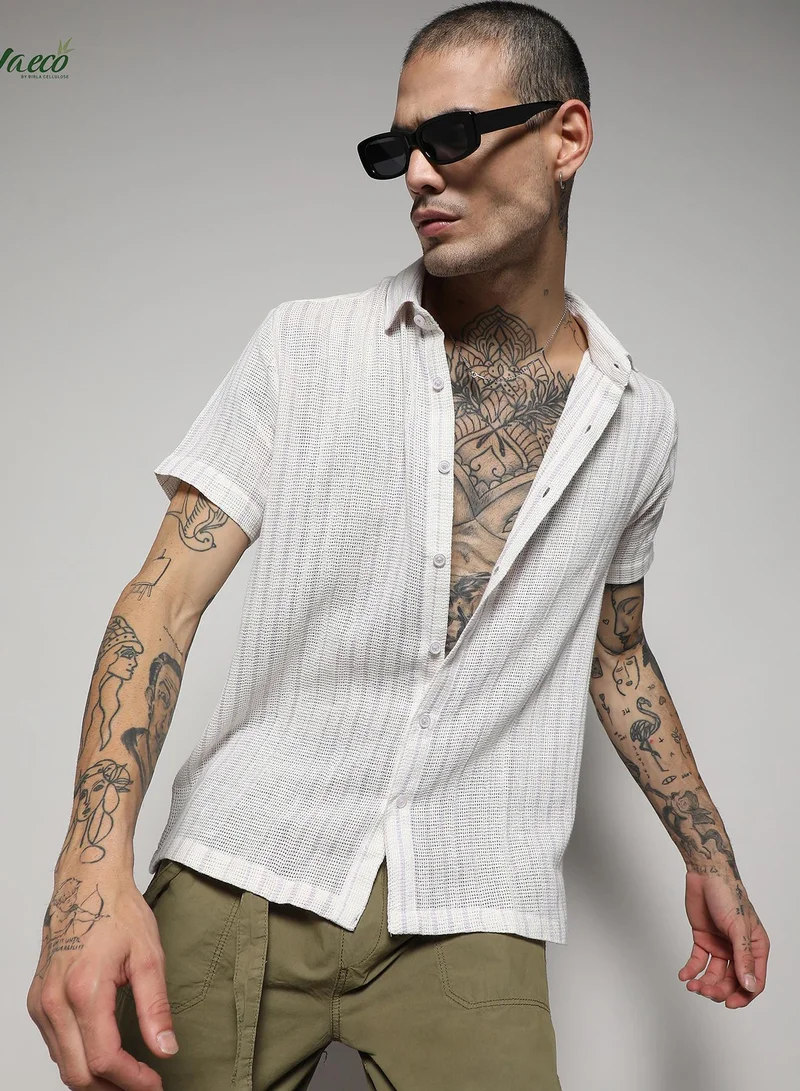 CAHOOT  Men's White & Lavender Unbalanced Striped Woven Shirt for Men | Best Price UAE