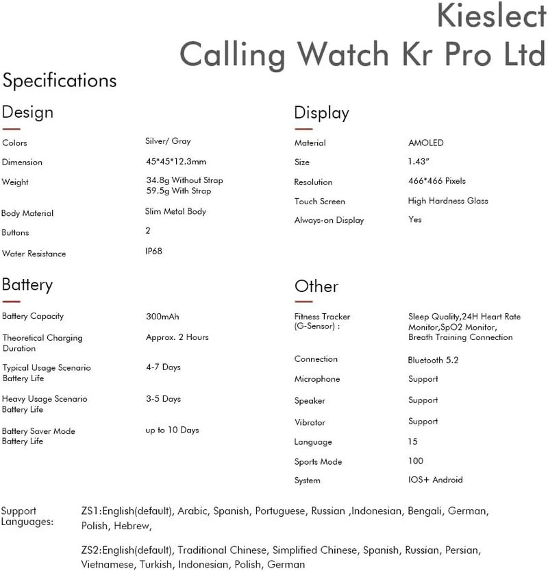كيسلكت ساعة كيسلكت الذكية للمكالمات KR PRO LTD مع شاشة AMOLED ديناميكية عالية الوضوح 1.43 بوصة مع عرض AOD ديناميكي / مراقب صحي على مدار 24 ساعة / 100 وضع رياضي / حزام مزدوج (فضي) - Image 5
