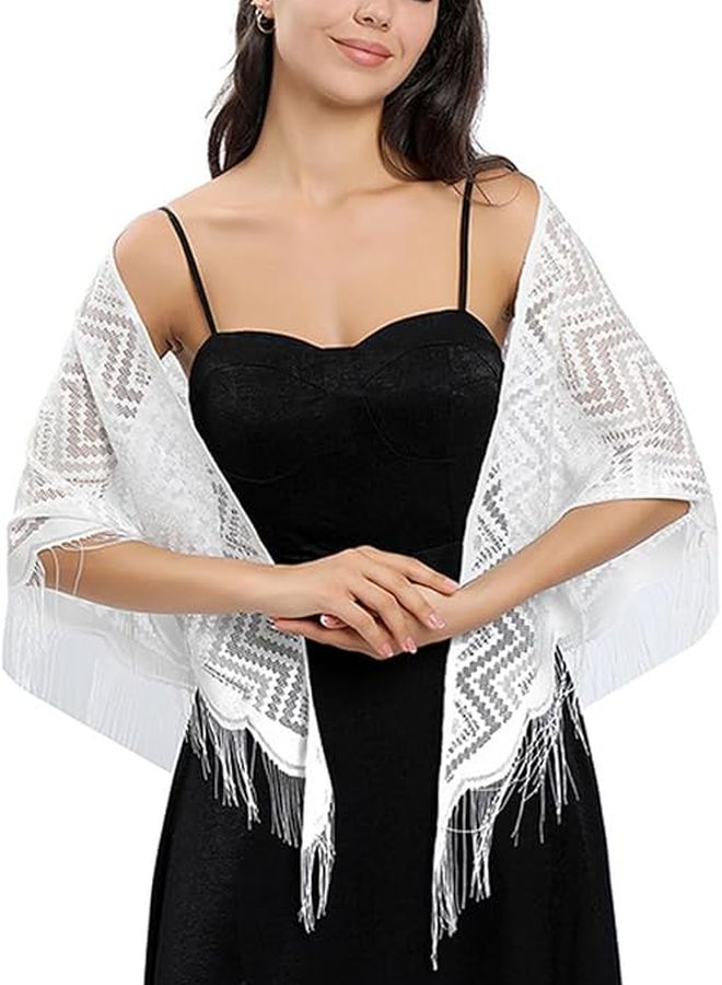 Black Triangle Lace Scarf Shawl With Tassels For Weddings And Formal Events - Image 5