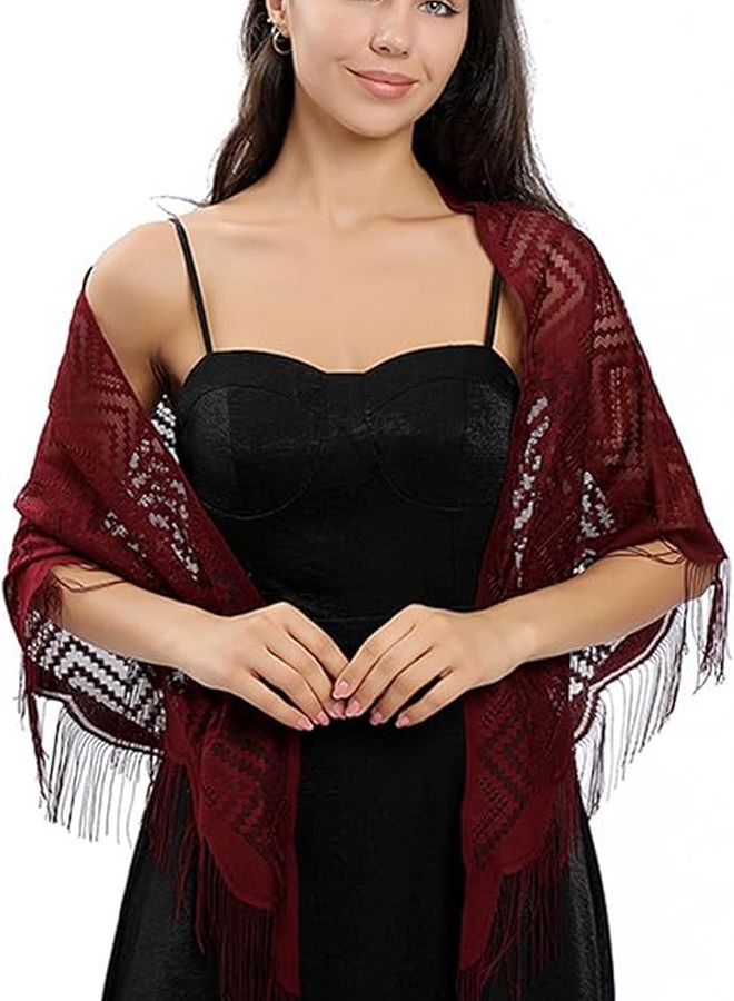 Black Triangle Lace Scarf Shawl With Tassels For Weddings And Formal Events - Image 4