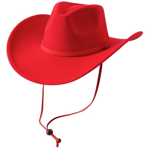 Lanzom Women Men Retro Felt Wide Brim Western Cowboy Cowgirl Hat Dress Up Hat with Wind Lanyard(Red,Medium-Large) - Image 1
