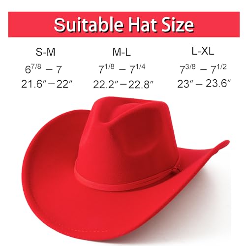 Lanzom Women Men Retro Felt Wide Brim Western Cowboy Cowgirl Hat Dress Up Hat with Wind Lanyard(Red,Medium-Large) - Image 2