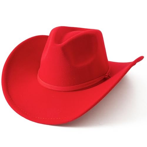 Lanzom Women Men Retro Felt Wide Brim Western Cowboy Cowgirl Hat Dress Up Hat with Wind Lanyard(Red,Medium-Large) - Image 4