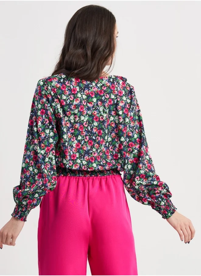 HaILYS Floral V-Neck Blouse with Elastic Waist