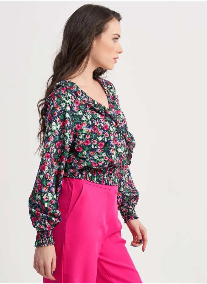 HaILYS Floral V-Neck Blouse with Elastic Waist