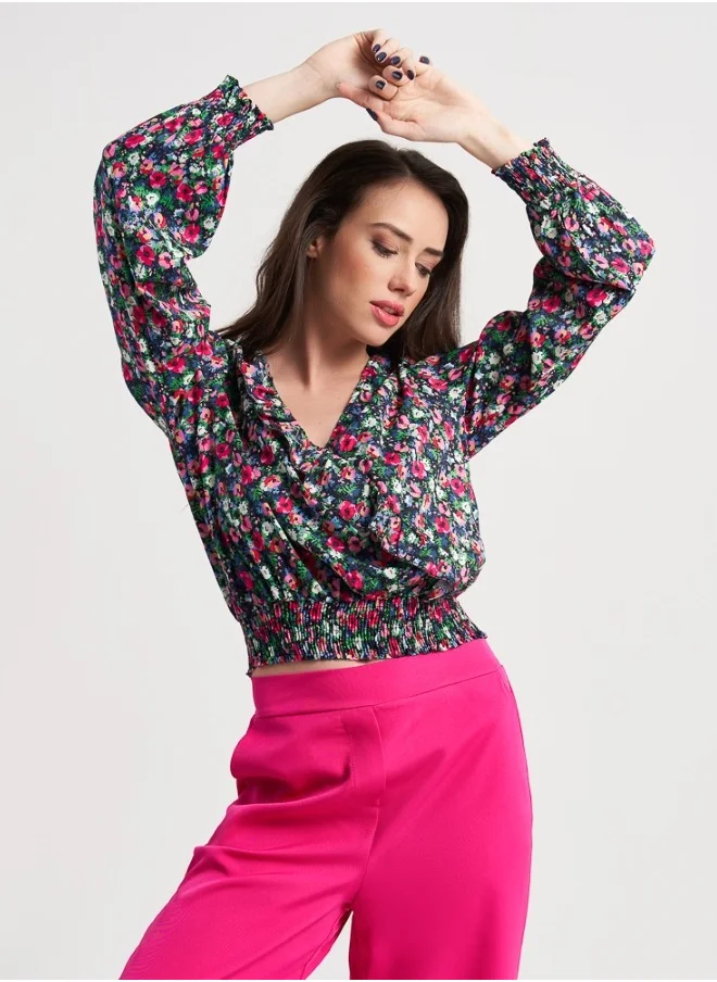 HaILYS Floral V-Neck Blouse with Elastic Waist