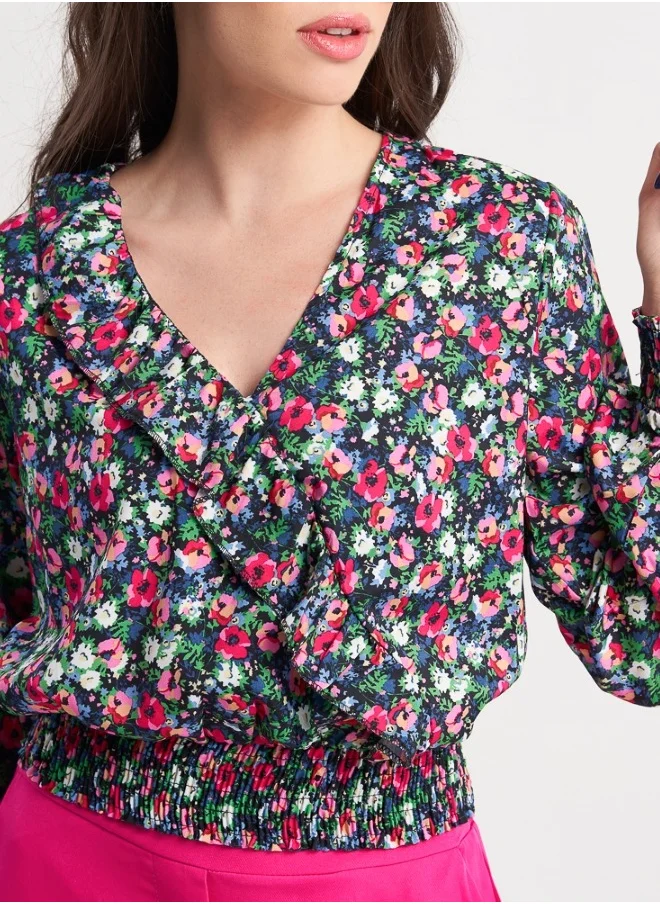 HaILYS Floral V-Neck Blouse with Elastic Waist