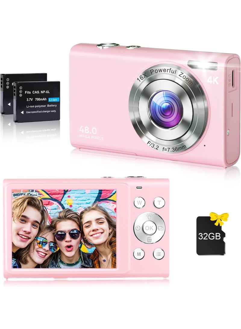 Digital Camera, 4K Vlogging Camera for YouTube Autofocus 48MP UHD Cameras for Photography with Anti-Shake, 16X Digital Zoom Point and Shoot Digital Camera with 32GB Card for Teens Adult Beginner - Image 1