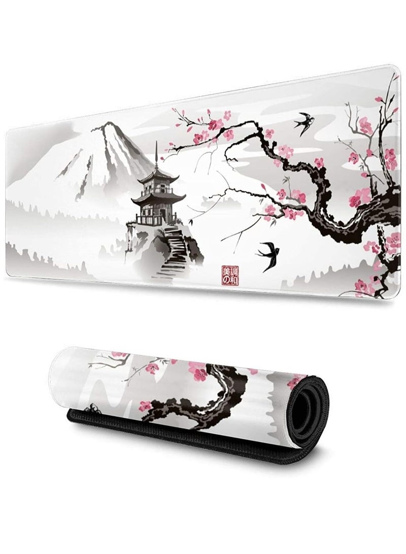 Mousepad Custom New Computer Desktop Office Mat Laptop Soft Natural Rubber Mouse Pads Japanese Temple and Cherry Blossom (Size 70CM x 30CM x 2MM) - Image 1