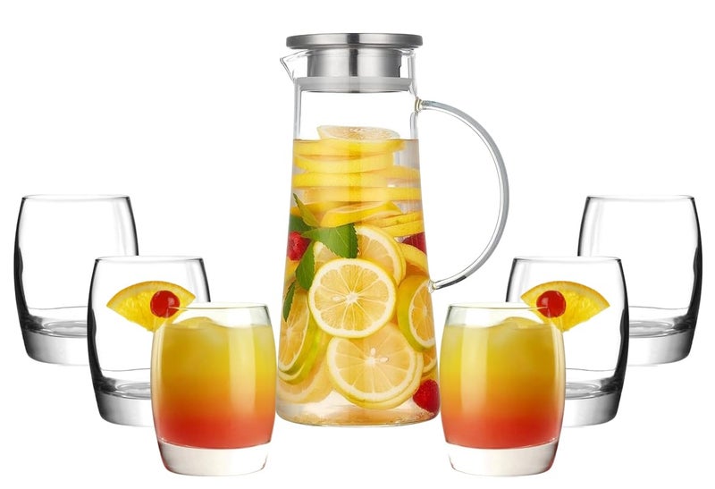 bellemax Premium Water and Juice Glasses Set of 6 and Borosilicate Glass Jug Set Combo,(6 PC Glasses 300ML and 1 Water Jug 1.8 Liter), Transparent, Glass and Jug Set for Dining Table (Traditional- B) - Image 1
