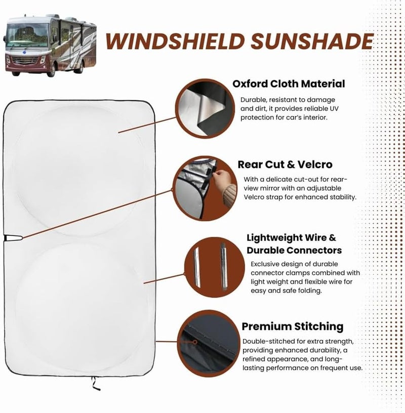 Windshield Sunshade for RV Class-A | Reflective Patented Sun Protection - Certified 99% UVR Block | Foldable Sun Cover | Automotive Sun Shades for Motorhome, Truck, Bus |Size 249x117cm - Image 5