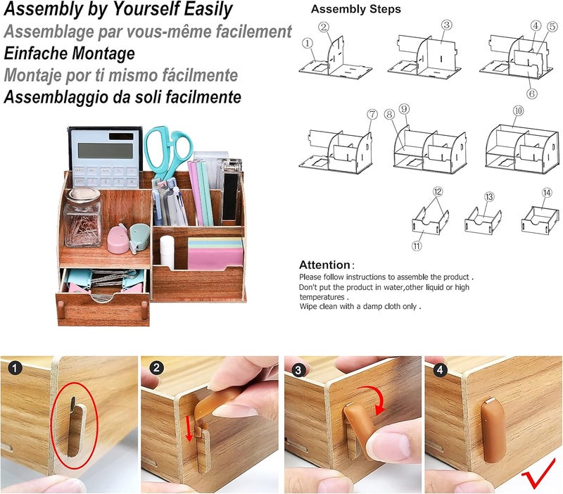 Exerz Wooden Desk Organiser/Desk Tidy Caddy/Pen Holder - Remote Holder with 7 Compartments - Assembly by Youself Easily (Wooden) - Image 3