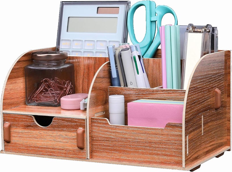 Exerz Wooden Desk Organiser/Desk Tidy Caddy/Pen Holder - Remote Holder with 7 Compartments - Assembly by Youself Easily (Wooden) - Image 1
