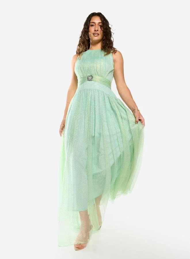 House of Moda Textured Mesh Overlay Gown Maxi Dress
