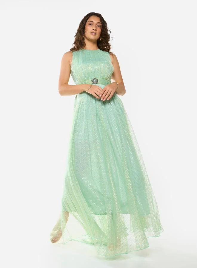 House of Moda Textured Mesh Overlay Gown Maxi Dress