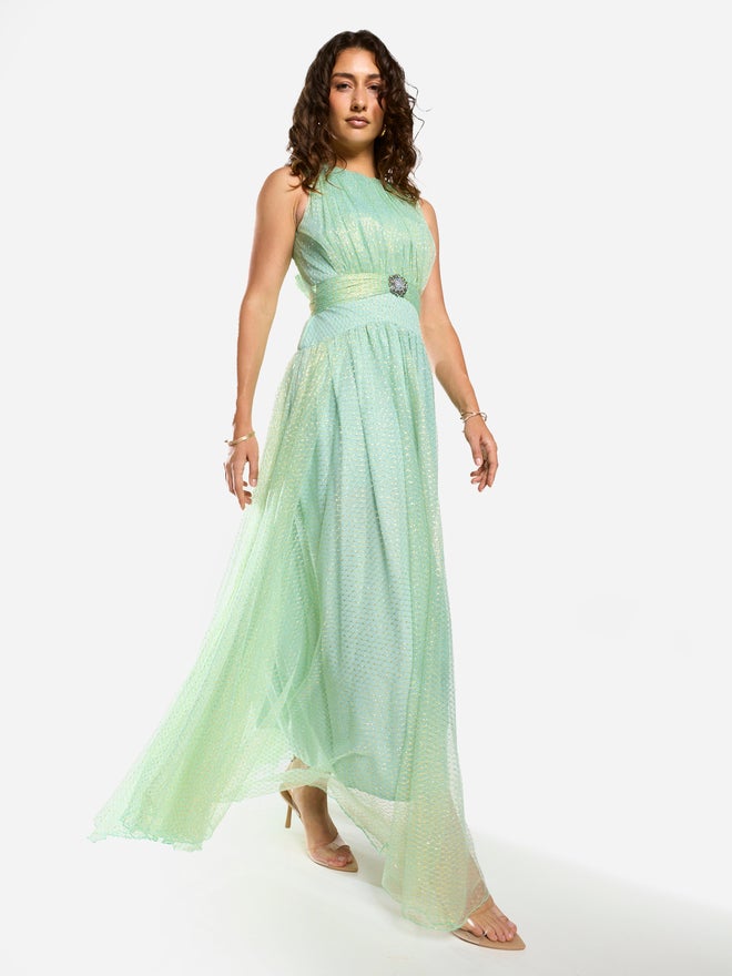 House of Moda Textured Mesh Overlay Gown Maxi Dress - Image 3