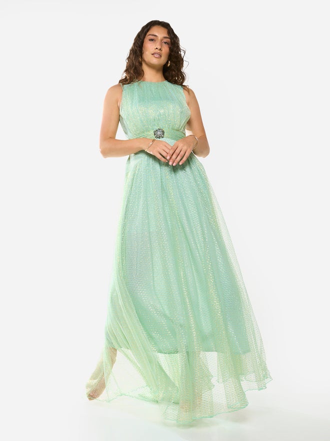 House of Moda Textured Mesh Overlay Gown Maxi Dress - Image 2