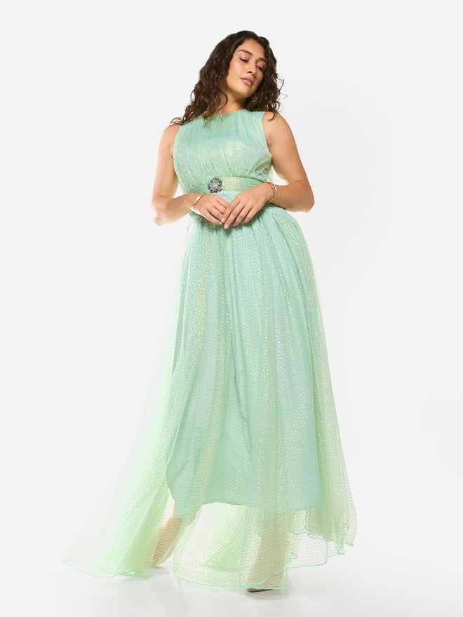 House of Moda Textured Mesh Overlay Gown Maxi Dress - Image 4