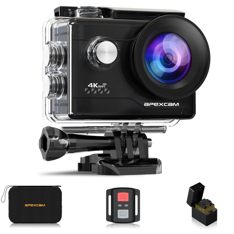 Apexcam Action Camera 4K Sports Cameras 20MP 40M 170WideAngle WiFi Waterproof Underwater Camera with 24G Remote Control 2 Batteries 20 LCD Ultra HD Camera with Mounting Accessories Kit
