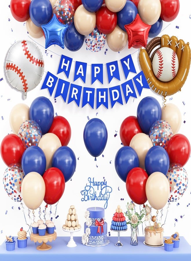 Vibzox Baseball Birthday Decorations for Boys,Navy Blue Red Nude Confetti Balloons Party Decorations Banner Baseball Glove Foil Balloons Cake Topper Sport Party Supplies for Kids - Image 1