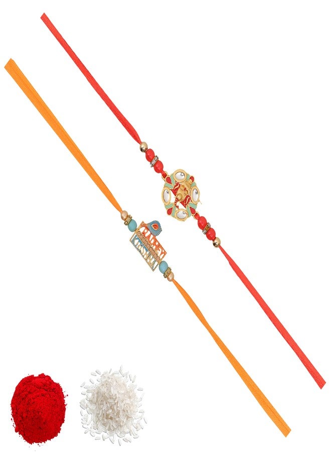Vientiq Men's Set of 2 Rakhi for Brother Krishna Peacock Feather, Ganesha Kalgi Rakhi Traditional Rakshabandhan with Roli Chawal - Image 1