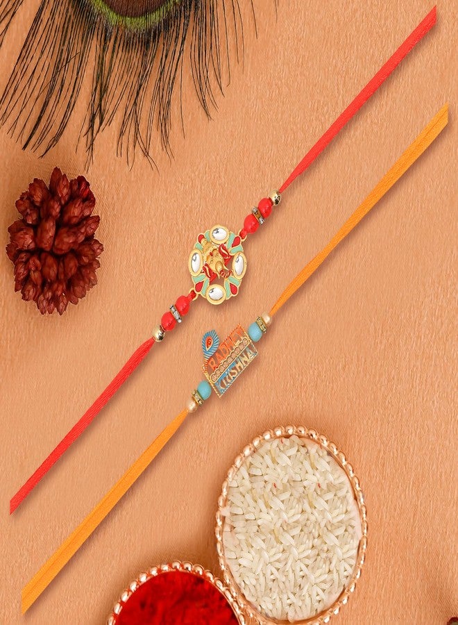Vientiq Men's Set of 2 Rakhi for Brother Krishna Peacock Feather, Ganesha Kalgi Rakhi Traditional Rakshabandhan with Roli Chawal - Image 3