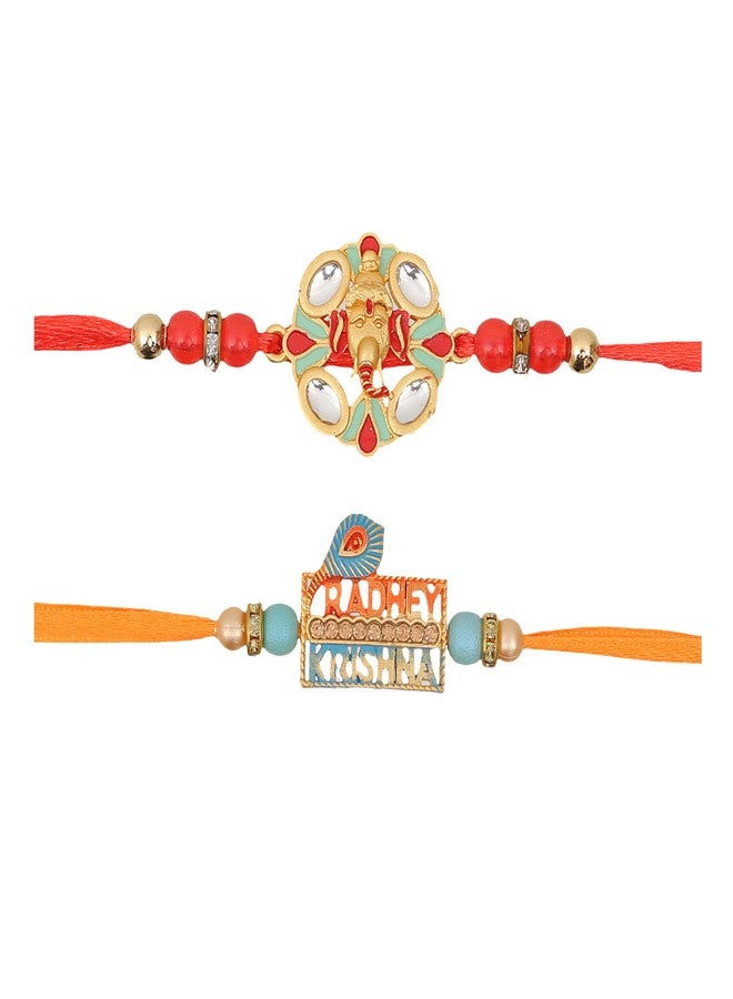 Vientiq Men's Set of 2 Rakhi for Brother Krishna Peacock Feather, Ganesha Kalgi Rakhi Traditional Rakshabandhan with Roli Chawal - Image 4
