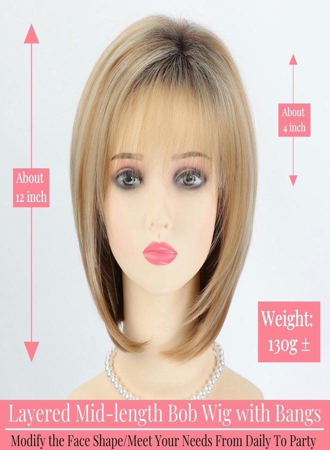 RENERSHOW Blonde Highlight Short Pixie Bob Wig with Bangs Straight Ombre Blonde Synthetic Wig with Dark Roots Layered Blonde Wigs for Women Medium Bob Daily Party Wig - Image 3