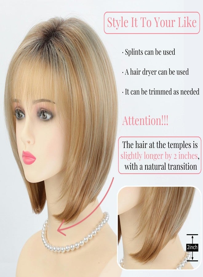 RENERSHOW Blonde Highlight Short Pixie Bob Wig with Bangs Straight Ombre Blonde Synthetic Wig with Dark Roots Layered Blonde Wigs for Women Medium Bob Daily Party Wig - Image 5