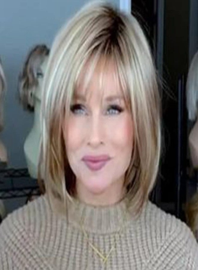 RENERSHOW Blonde Highlight Short Pixie Bob Wig with Bangs Straight Ombre Blonde Synthetic Wig with Dark Roots Layered Blonde Wigs for Women Medium Bob Daily Party Wig - Image 1