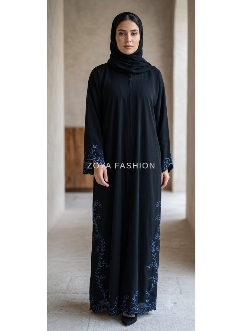 عباية نيدة سوداء بتطريز أزرق - Image 1