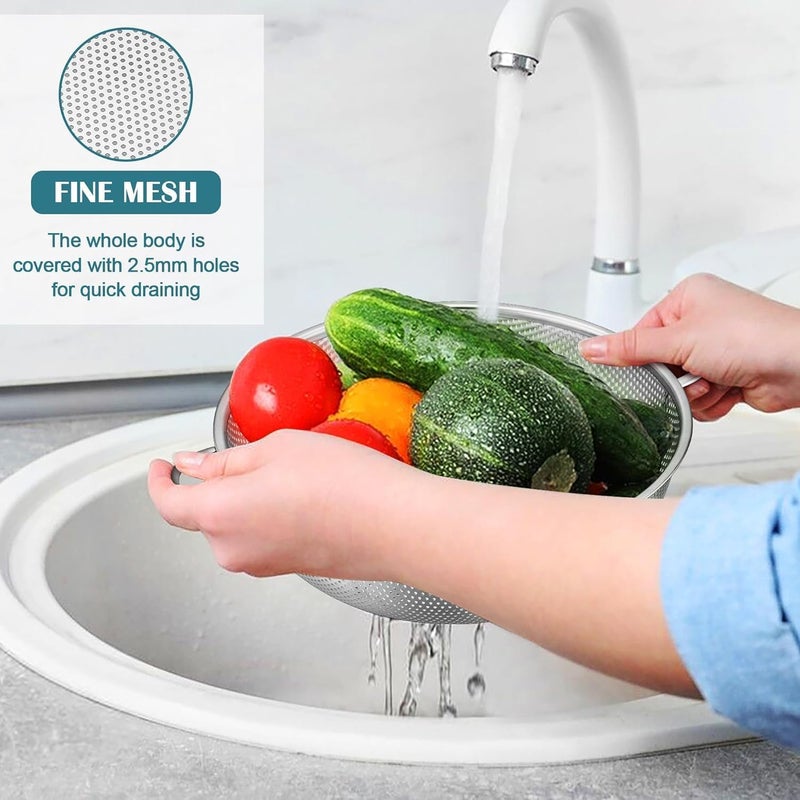 KRESHU 22.5cm Stainless Steel Rice Washing Colander Strainer with Handle Micro-Perforated Pasta Strainer for Clean & Drain Vegetable/Fruit/Pasta/Rice Dishwasher Safe Washing Bowl (Pack of 1) - Image 3