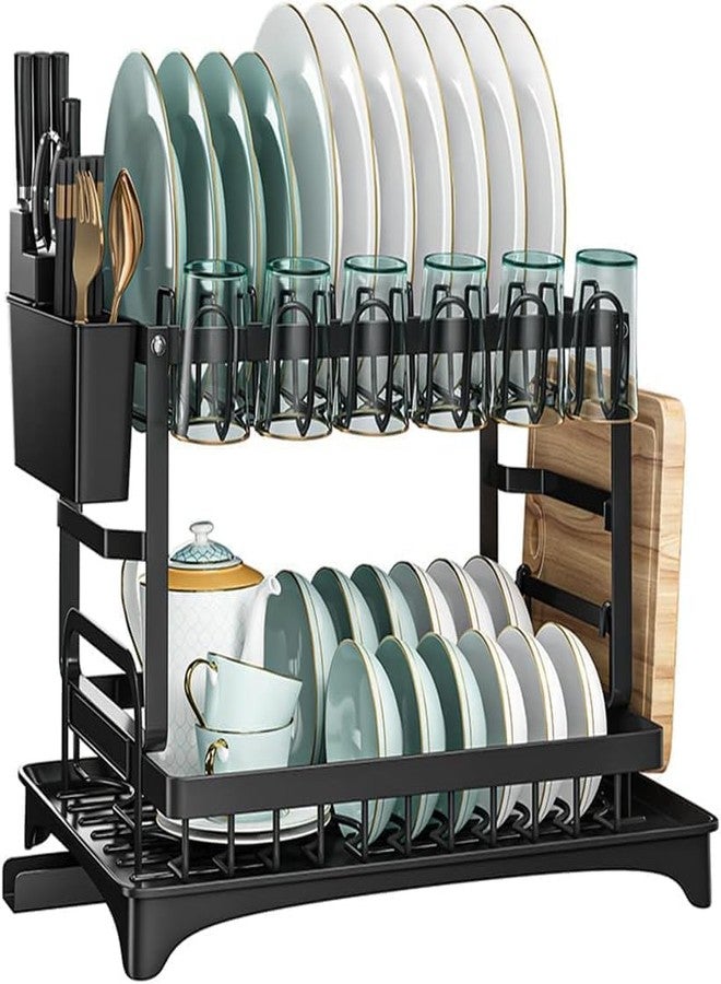 CBEX 2 Tier Dish Drainer Rack, Black Dish Drying Rack, Stainless Steel Draining Dish Rack and Drain Board Set, Dish Drying Rack Kitchen Drainer with Utensil Holder for Kitchen Counter - Image 1
